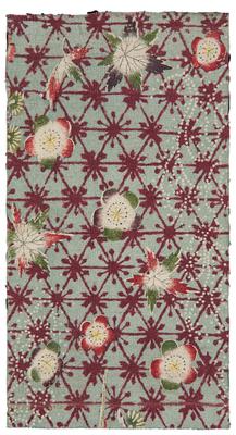 Light-blue-ground fragment decorated with plum blossoms, red maple leaves, pine trees, birds, and latticework