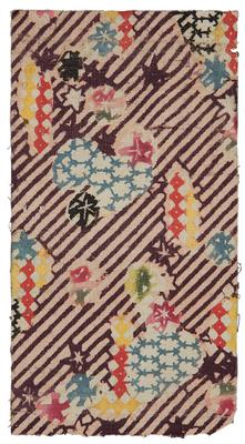 Pink-ground fragment decorated with red maple leaves, little flowers, and diagonal stripes