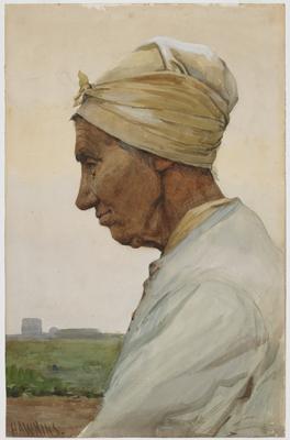 cat. 28; profile of head and shoulders of woman wearing scarf profile of a peasant woman with hair in scarf; buildings and fields in background; grey border; cream mat; gold frame with black sides