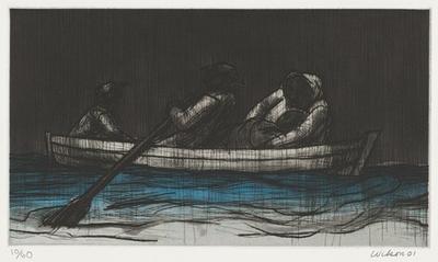 four figures in a rowboat, including a reclining person being held by figure at right; black rain falling; grey sky; blue water beneath boat fading to grey at bottom edge of image