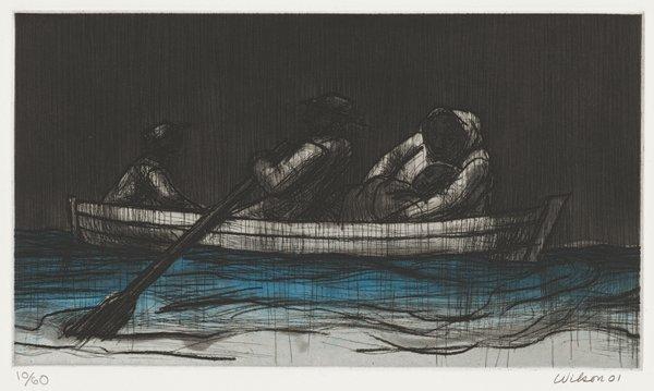 four figures in a rowboat, including a reclining person being held by figure at right; black rain falling; grey sky; blue water beneath boat fading to grey at bottom edge of image