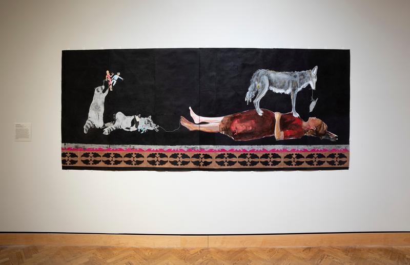 a: black ground two raccoons, one stands on his hind legs and holds to small doll figures and one lies on its back wearing jewelry and holding a pair of dead birds that have a tag with "Good Intentions" hanging on them; applique along bottom in copper, white and magenta pink b: black ground; female figure lying on her back wearing a red dress with a grey coyote standing on top of her with a bird on a string dangling from its mouth; applique along bottom in copper, white and magenta pink